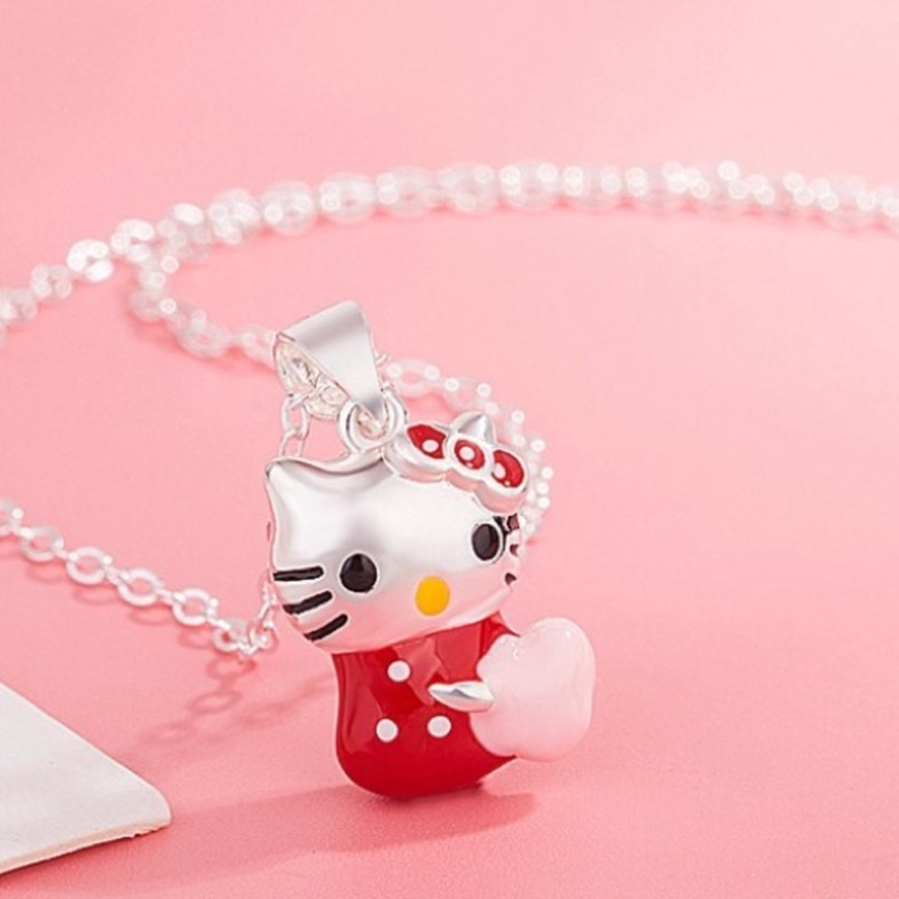 🎅🏻 SALE! Hello Kitty Silver Pink Love Heart Red Cat Pendant Chain Necklace